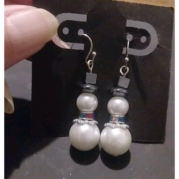 Handmade White Glass Beaded Snowman Earrings With Rhinestone Red, Green,Blue - Picture 1 of 3